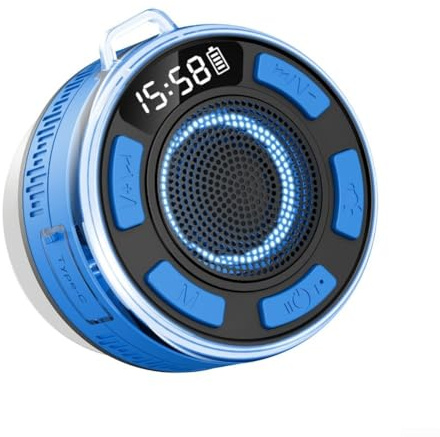 Besshepplo Enceinte de douche étanche IPX7 avec son surround à 360°, spectacle de lumière RVB et radio FM, ventouse amovible pour salle de bain, piscine, voyage, utilisation en plein air 5.1 sans fil
