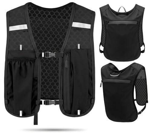 Chaleco de Hidratación para Running, Mochila Trail Ultraligera con Bolsillo para Móvil y Correas Reflectantes, Unisex para Hombre y Mujer, Deportes al Aire Libre (Negro)