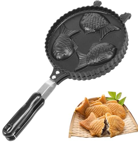Jokapy Taiyaki-Fischform, antihaftbeschichtet, Waffeleisen, Backform, Aluminiumlegierung, Fischform, Doppelpfanne, Kuchen-Backgeschirr für Küche, Restaurant, Camping, Reisen(schwarz,DREI Fische)