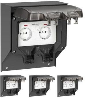 ledscom.de 4x Steckdose POXO für außen, IP65, 2-fach, Edelstahl, anthrazit/schwarz, eckig, 20 cm