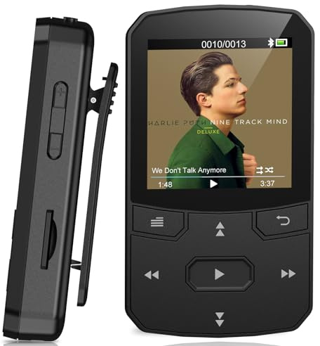 Lettore MP3 32GB Bluetooth 5.3, Mini Portatile da 29g con Funzione Resume, Riproduttore Musicale Sportivo con Clip e Pulsanti Fisici, Radio FM, Dittafono, Espandibile fino a 128GB