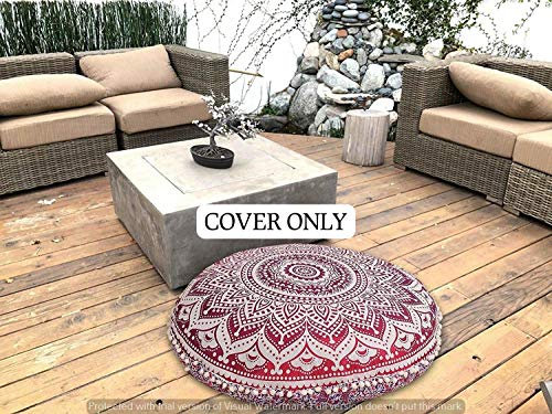 GANESHAM Indian Mandala Tapisserie, runde Sitzplätze Mandala Kissen, Meditation Kissenbezug, Handgemachte Kissenbeilage, runde Mandala Kissen Wurf (Rosa)