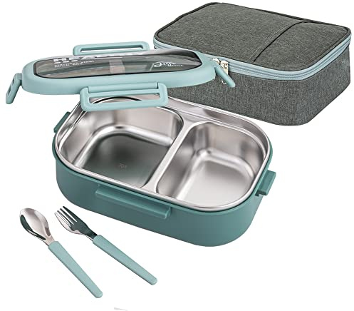 Lille Home 850ml de acero inoxidable a prueba de plomo 2 compartimentos/contenedor de alimentos con bolsa de almuerzo y cubiertos, sin BPA (verde)