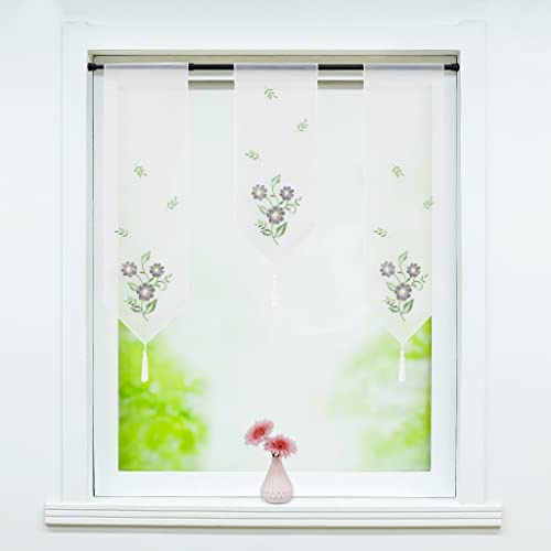 Joyswahl Voile Scheibengardine Miniflächenvorhänge mit Stangendurchzug Küchengardine mit Floral Stickerei Muster 3er Set Kurzstore Bistrogardine Grau (20cm breit, 1x50cm Länge und 2x70cm Länge)