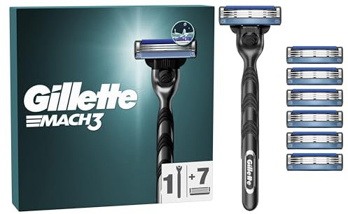 Gillette Mach3 RASOIO BARBA, Lame Rasoio a Mano Libera, 1 Manico e 7 LAMETTE DA BARBA da 3 Lame, Facile Risciacquo, con Gel Lubrificante, Fino a 15 Rasature con 1 Testina