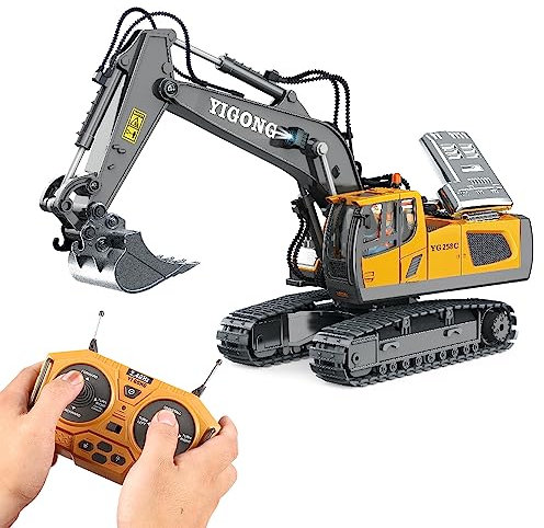KIYTARBOO Escavatore Radiocomandato, 1/20 Scale, 11CH, Escavatori Ricaricabili con Pala in Metallo, Escavatore a Sabbia con Suono e Luce, Rotazione a 680°, Giocattolo Scavatore per Ragazzi 5-14 Anni