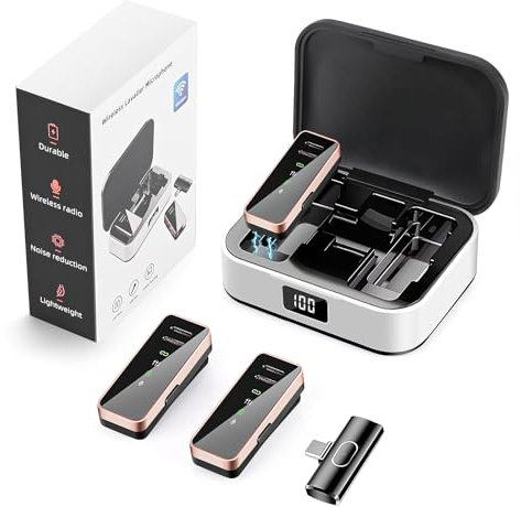 Microfono Lavalier wireless, con display a LED e scatola di ricarica, mini microfono per iPhone/iPad/Type-C Android/PC, sincronizzazione automatica da 2,4 GHz, microfono wireless per Vlog,