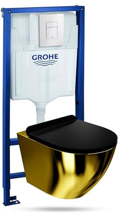 Lavita Elemento da parete Solido + parete sospeso WC Sofi Slim oro/nero senza bordi + sedile WC con abbassamento automatico bianco lucido, set completo da incasso per WC