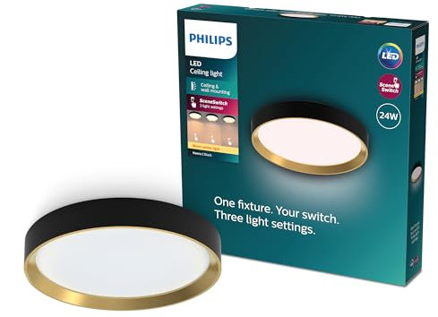 Philips Hanno SceneSwitch LED Deckenleuchte, rund, 24 W, 2700 Lumen, 2700 K, Schwarz, IP20, warmweißes Licht, 3 Lichteinstellungen