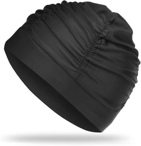 Bkemkri Bonnet de Bain Élastique pour Femme, Bonnet de Bain Piscine Plissé de Natation en Tissu Nylon Elastique Confortable Confort Résistance Glissement Garde la Coiffure pour Cheveux Longs (Noir)