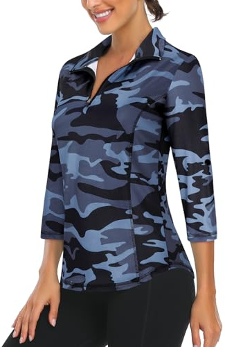 LURANEE Womens 3/4 Roll Sleeve 1/4 Zip Pullover Golf Shirts Athletic Hiking Running Workout Tops UPF 50+ Camo Black