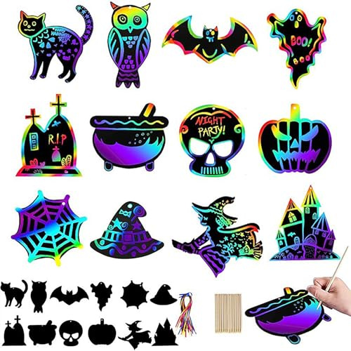 39 PCS Halloween Scratch Art for Kids, Scratch Paper Crafts Kit, Pumpkins Magic Rainbow Scratch Art for Kids, DIY Crafts Halloween Decoration