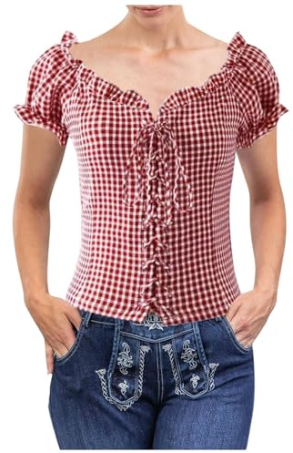 Generisch Chemisier rouge à manches courtes pour femme Oktoberfest Chemise boutonnée à carreaux avec taille Chemisier à manches longues Bleu, rouge, M