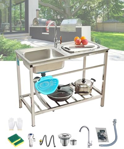 Lavabo Commercial De Cuisine Autoportant En Acier Inox 1 Bac Évier Utilitaire Sur Pieds avec Robinet & Égouttoir Extérieur Évier De Jardin Portable Pour Buanderie Sous-Sol Gain De Place(75x40xH75cm)