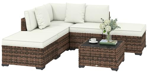 Outsunny Conjunto de Jardín de Ratán de 6 Piezas, Conjunto Terraza Resistente, Muebles Jardín Exterior Incluye Cojines, 4 Módulos de Asiento, 1 Sofá Esquinero y Mesa Centro de Vidrio, Marrón Mixto