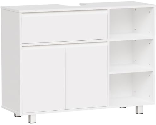 ANWBROAD Mueble bajo Lavabo, Mueble de Baño, 1 Compartimento de Almacenamiento Oculto, 2 Puertas, 3 Estantes Abiertos Ajustables, Mueble bajo Lavabo con Patas, 30 X 90 X 64,5 Cm, Blanco SSC001W