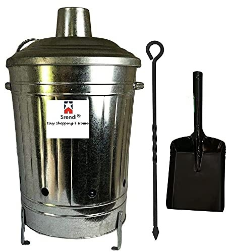 60 Liter Metal Galvanised Garden Incinerator Fire Bin Burning Leaves Paper Wood Rubbish Dustbin Made in U. K. (60L INC with Shovel&Poker)