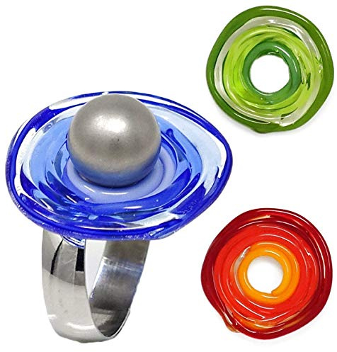 Edelstahl-Ring Set mit 3 Scheiben aus Murano-Glas/Wechsel-Ring/PASST IMMER/verstellbar/Personalisiertes Geschenk für sie zum Muttertag Hochzeit Jahrestag Geburtstag