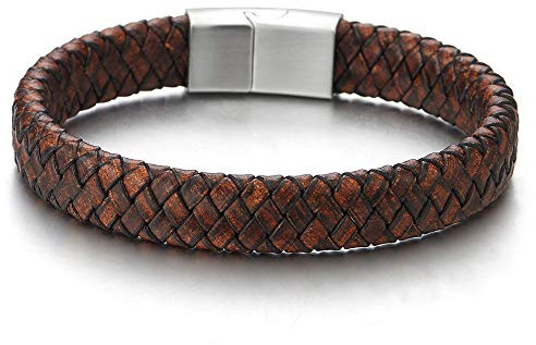 iMECTALII Vintage Braune Geflochtenes Leder-Armband für Herren Damen, Leder Armreif Schweißband mit Edelstahl Magnetverschluss