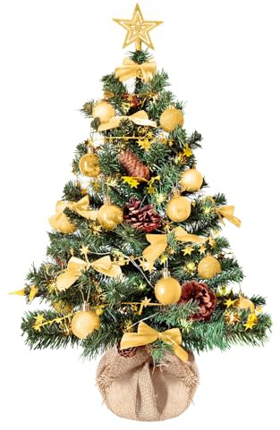 Weihnachtsbaum künstlich (WBD) 60 cm grün mit Weihnachtsdeko Gold und Led Lichterkette mit Batteriebox und Fernbedienung künstlicher Christbaum klein Tannenbaum