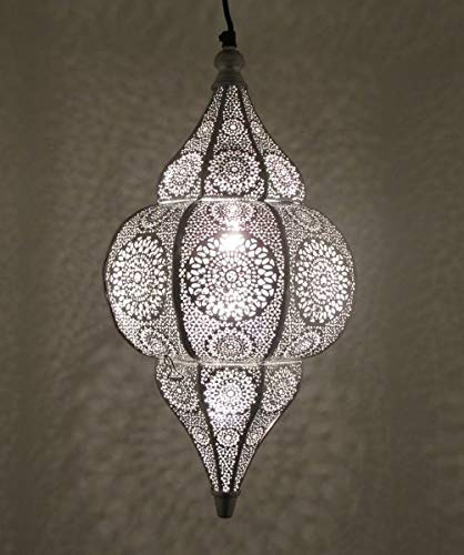 Orientalisk indisk hängande lampa taklampa Jaya silver, med upphängningskedja baldakin och E27 lamputtag, vacker dekoration för vardagsrum, kök, matsal, kontor eller sovrum