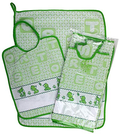 Juego de guardería escolar para bordar osito 2 piezas: babero esponja con goma elástica 28 x 32 cm y toalla de 40 x 55 cm tela Aida para bordar el nombre de algodón 100 % Made in Italy (verde)