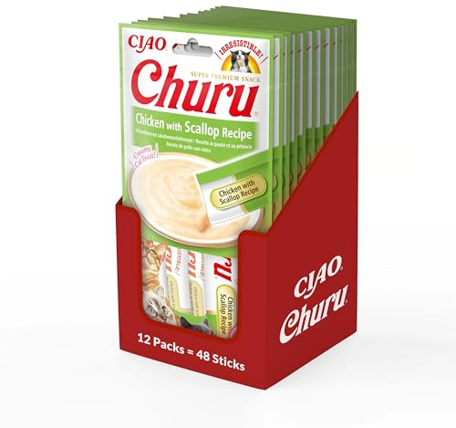 INABA Churu Puree Katzenleckerlis Creamy Snacks, Hochwertige Proteine mit Huhn & Jakobsmuschel 56 g (12er Pack), Katzensnacks in Premium Qualität