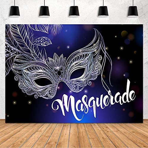 MEHOFOND Masquerade Mask Ball Party Decoration Backdrop Mardi Gras Carnival Birthday Dancing Party Glitter Silver Mask Feather Blue and Black Photography Background Photo Studio Props 10x7ft
