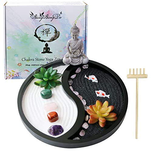 Buddha Meditation Zen Garden Kit - Home Office Tabletop Taiji Yin Yang Sand Garden Altar Zen Decor Zen Gifts DIY Mini Chakra Crystal Quartz Rock Garden w/Nature Healing Stone Rake Tool