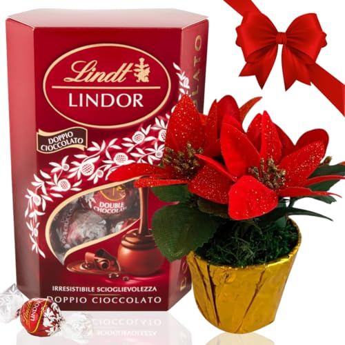 Idee Regalo San Valentino - Festa della Donna 2025-200gr Cioccolatini Ripieno Cremoso Doppio Cioccolato + Piantina Vaso Stella di Natale Artificiale
