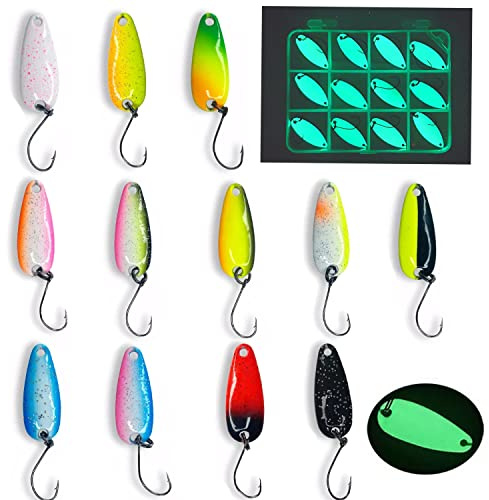Njord Kalastus Glow Spoon Set | Selbst Leuchtende und UV Aktive Forellen Spoon Set 12 Stück+Box | Extreme Leuchtkraft durch Speziallack | Forellen Köder Set | Spoons Forelle