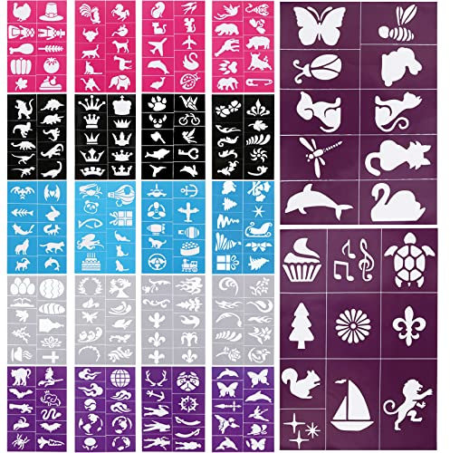 22 Fogli Stencil Tattoo,240 Pezzi Stencil Tatuaggi Temporanei, Glitter per Tatuaggi con Stencil,Stencil Tatuaggi Viso Halloween,Stampini Tatuaggi Henne,Tatuaggi Stencil Adesivo per Feste di Natale