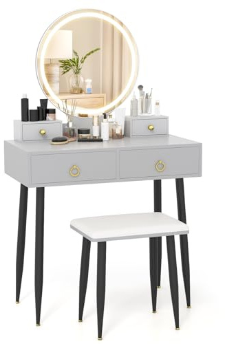 COSTWAY Dressing Table Set with 3-Color Adjustable LED Lights Mirror, Wooden Detachable Makeup Vanity Table Stool Set, Home Bedroom Furniture Cosmetics Dresser (Grey+Black, 4 Drawers)