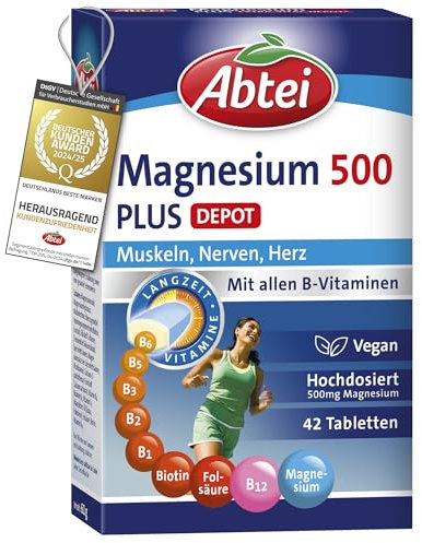 Abtei Magnesium 500 Plus Extra-Vital-Depot - hochdosiert - mit allen B-Vitaminen - für Muskeln, Nerven und Herz - vegan - 42 Tabletten