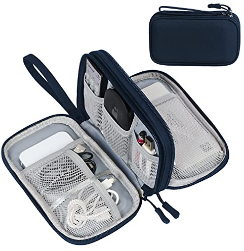 FYY Travel Cable Organiser, Electronics Accessories Bag, Waterproof Tech Storage Pouch, 2-Layer Universal Carry Case for Charger, Power Bank, USB Drive M-Navy Blue