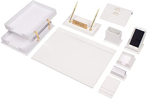 MOOGCO Schreibtisch-Set aus Leder, Schreibtisch-Zubehör, Büro-Organizer, Heimbüro-Zubehör, Schreibtisch-Zubehör, Schreibtisch-Aufbewahrung, Schreibtischunterlage, 13-teilig, 13 Stück (White)