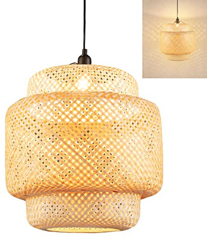 TANGZON Bamboo Woven Pendant Light, Height Adjustable Hanging Ceiling Light with E27 Socket & Bamboo Lampshade, Retro Chandelier Ceiling Lamp for Living Dining Room Restaurant Cafe (Bulb Not Included)