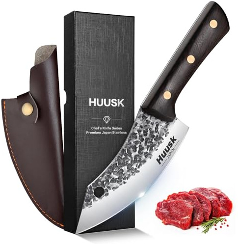 Huusk Japanese Mini Cleaver Knife, Small Meat Knives with Sheath, Unique Caveman Knives, Hand Forged Full Tang Chef Viking Knife for Fishing, Outdoor Camping, BBQ, Gift for Men and Women
