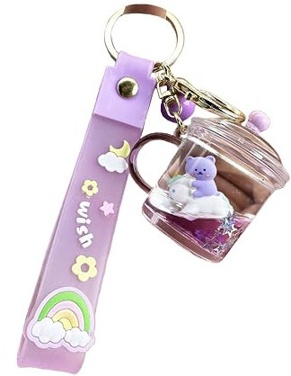 ZDHC Niedlicher schwimmender Bär reitender Einhorn-Schlüsselanhänger, Kawaii-Anime-Bewegung, flüssiger Treibsand, Tier-Schlüsselanhänger, Taschenanhänger, violett, One size
