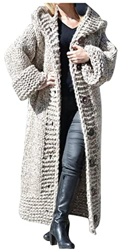 Cardigan pour femme en grosse maille - Manteau en polaire tricoté pour femme avec capuche, long manteau en tricot à boutons - Pull en tricot à manches longues - Chaud - Open Front - Uni - Veste de