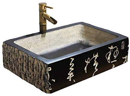 Lavandino da Bagno retrò, Lavandino in Resina Naturale Lavandino in Vaso Fatto a Mano Effetto Pietra Imitazione Rustico per Mobile Lavabo,A,Lavabo Singolo (A Bacino + Rubinetto)