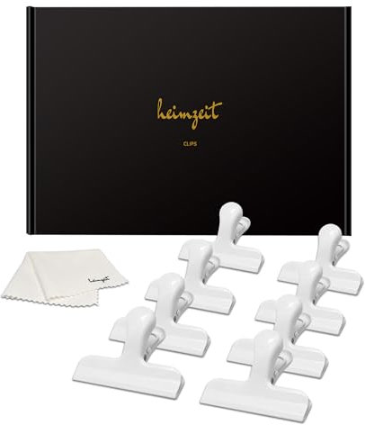 heimzeit Clips para Bolsas de Alimentos, Bolsas y Documentos hechos de Acero Inoxidable, Blanco [8 Piezas, 77 x 20 x 30 mm] Pinzas de Colores, Fuerte Fuerza de Resorte