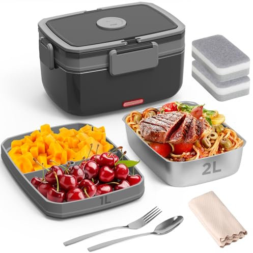 Geveniss Lonchera eléctrica para adultos, calentador de alimentos portátil de 90 W con recipiente de frutas de 2 L de acero inoxidable y 1 litro, lonchera térmica de 12 V/24 V/110 V para coche, camión