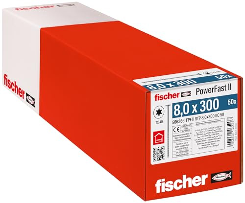fischer - Vis de charpente PowerFast FPF II STP 8,0x300 revêtement zingué, Filetage partiel, tête fraisée Plate avec Empreinte Torx/Boîte de 50