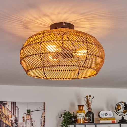 HOFSTEIN Deckenleuchte Brandala, Deckenlampe aus Metall/Bambus/Holz in Schwarz/Natur, Leuchte im Boho-Design (Ø 30 cm), Lichteffekt durch Gitter-Optik, 3 x E27, Wohnzimmer, Esszimmer, Schlafzimmer