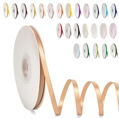 6 mm brett band för hantverk, 91 m, dubbelsidigt tygband, presentband, satinband, stort tjockt band för pyssel, tårtor, hårrosetter, ballonger, juldekoration, bröllops- och bilrosett, champagne-guld