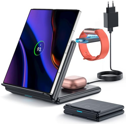 GEEKERA Inductive Charging Station for Samsung, 3-in-1 Foldable Wireless Charger for Samsung Z Fold/Flip/S24, Wireless Charger for Fitbit Charge 6/5/Luxe, Induction Charger for Galaxy Buds - Black