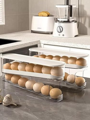 Auto Rolling 2 Tier Eggs Holder Fridge Organisers 30.3 X 8.5 X 14.2 Cm Egg Dispenser Kitchen Roll Down Stackable With Lid Trays Egg Storage Box For Fridge & Kitchen Countertop