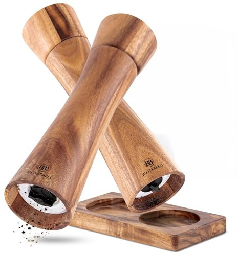BUTLERBELL® Molinillo de sal y pimienta de madera, incluye posavasos, juego de 2 molinillos de especias con mecanismo de cerámica ajustable, elegante molinillo de sal y pimienta de madera de acacia de