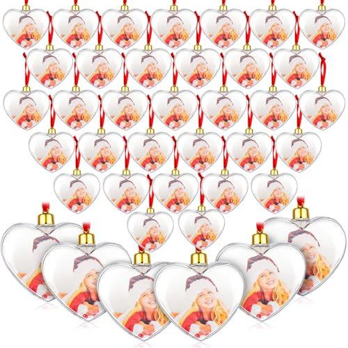 Skylety 48 Stück Foto-Ornament-Kugeln, Weihnachten, transparenter Kunststoff, zum Aufhängen, Fotorahmen, Ornament, Familienfotokugeln für Weihnachtsbaum, Valentinstag, Dekoration (Herz)